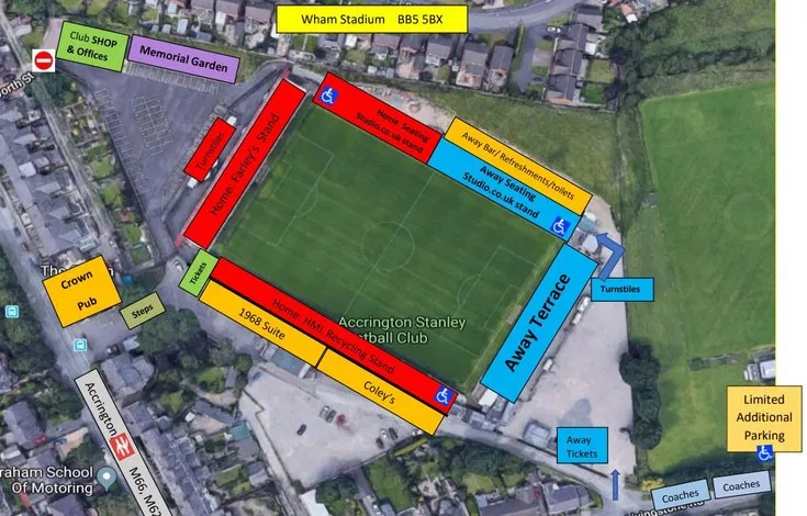 Sơ đồ bố trí các khán đài và khu vực chỗ ngồi tại sân vận động Wham Stadium của Accrington Stanley