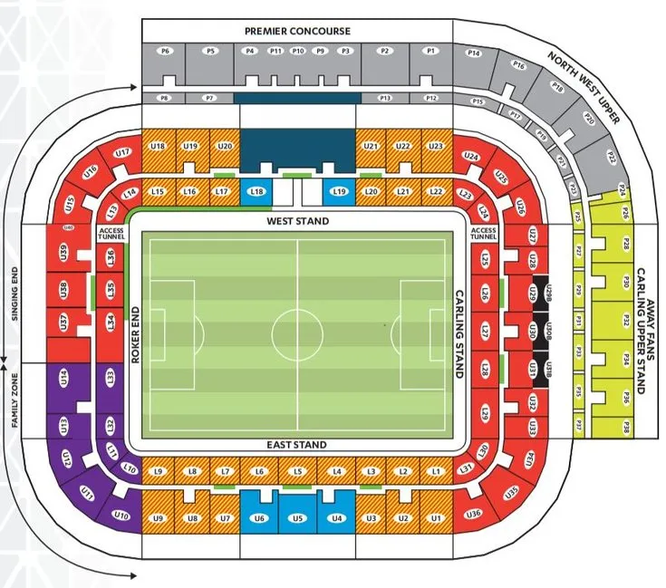 Sơ đồ bố trí chỗ ngồi chi tiết của Sân vận động The Stadium of Light, hỗ trợ khán giả tìm vị trí