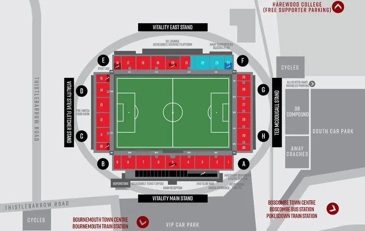 Sơ đồ bố trí chỗ ngồi chi tiết của Vitality Stadium, hiển thị các khán đài và khu vực khác nhau.