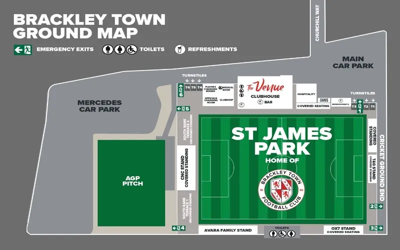 Sơ đồ bố trí chỗ ngồi sân St James Park Brackley, giúp khán giả dễ dàng định vị các khu vực khán đài