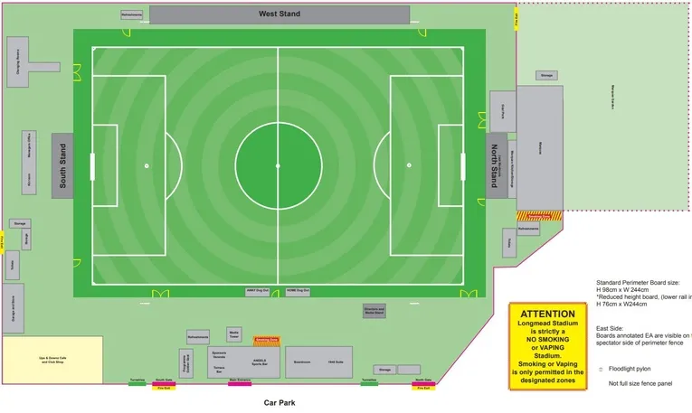 Sơ đồ bố trí chỗ ngồi tại Longmead Stadium, minh họa các khu vực khán đài chính và khu vực đứng