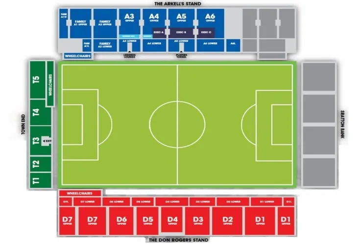 Sơ đồ bố trí chỗ ngồi và các khán đài chính tại sân vận động County Ground, cung cấp cái nhìn trực quan về không gian dành cho cổ động viên Swindon Town.