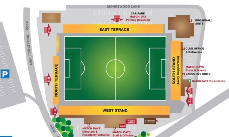 Sơ đồ bố trí khán đài và lối vào sân Lamex (Broadhall Way), hỗ trợ định hướng cho khán giả Stevenage FC
