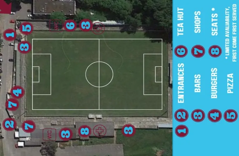 Sơ đồ bố trí khu vực khán đài và tiện ích tại sân vận động The Meadow Chesham United, minh họa sự đơn giản trong thiết kế