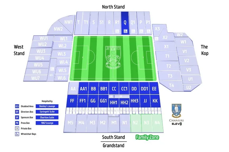Sơ đồ chi tiết các khán đài và chỗ ngồi tại sân vận động Hillsborough