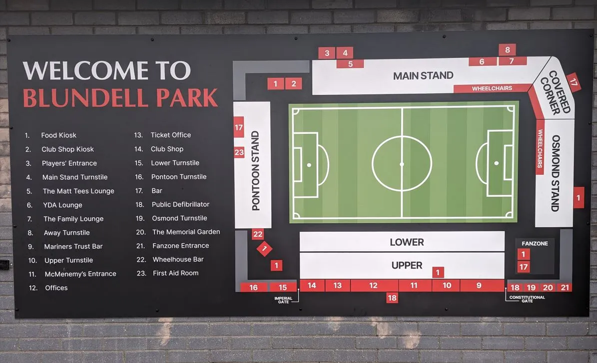 Sơ đồ chi tiết các khán đài và khu vực chỗ ngồi tại sân vận động Blundell Park