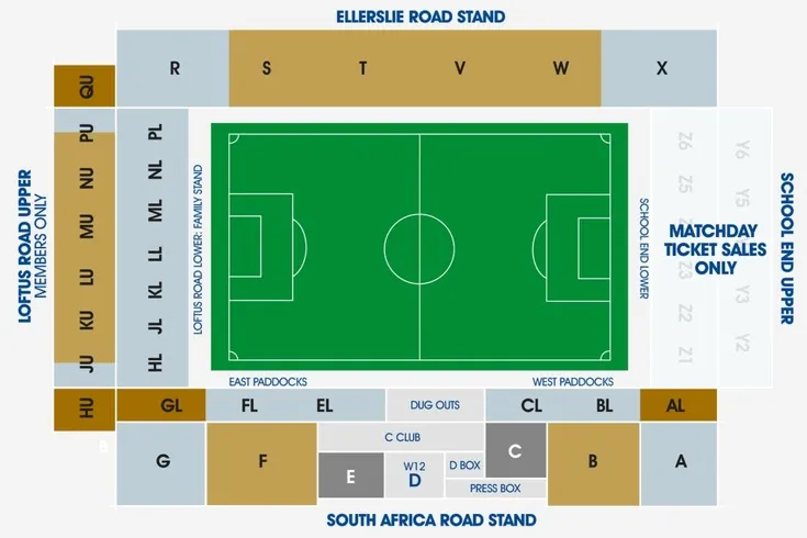 Sơ đồ chi tiết các khán đài và khu vực chỗ ngồi tại sân vận động Loftus Road