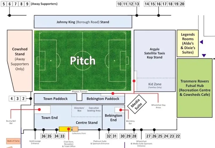 Sơ đồ chi tiết các khán đài và khu vực chỗ ngồi tại sân vận động Prenton Park