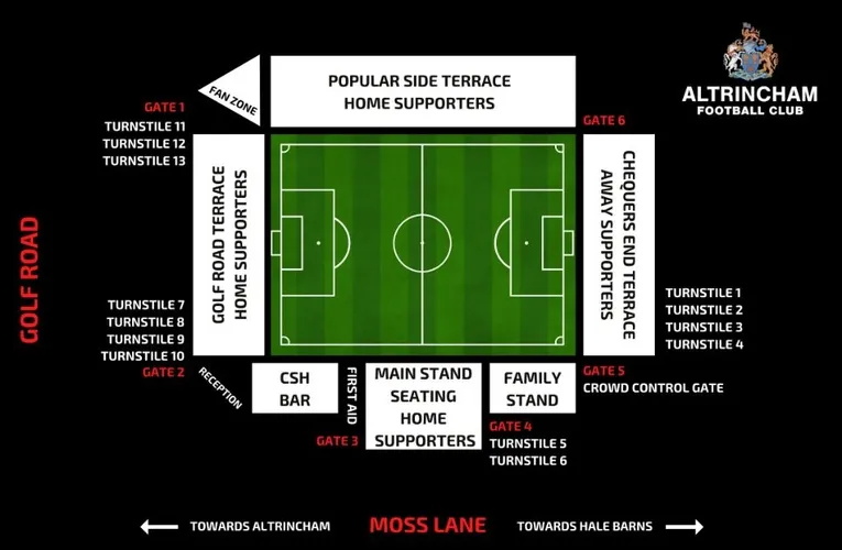 Sơ đồ chi tiết sân J Davidson Stadium của Altrincham FC, minh họa các khán đài và khu vực ngồi