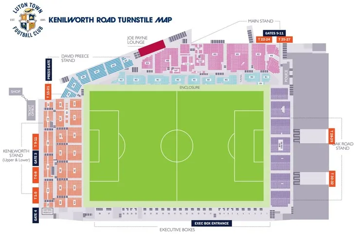Sơ đồ chi tiết sân vận động Kenilworth Road, hướng dẫn chỗ ngồi cho người hâm mộ Luton Town