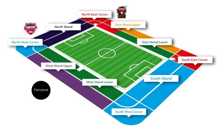 Sơ đồ chỗ ngồi chi tiết của Riverside Stadium, giúp khán giả dễ dàng hình dung các khu vực khán đài và vị trí tối ưu