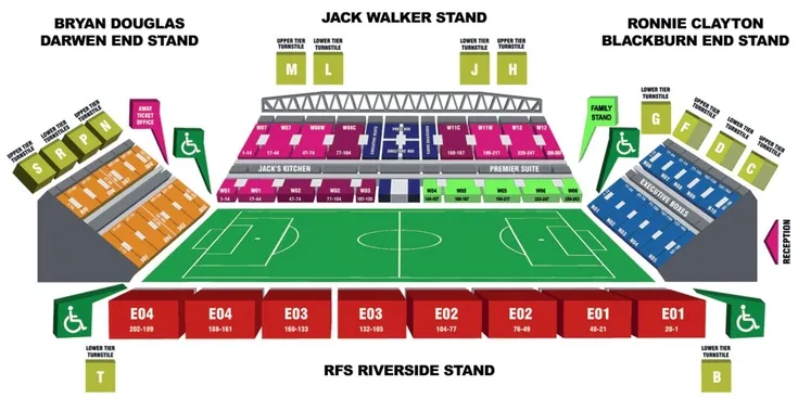 Sơ đồ chỗ ngồi chi tiết của sân Ewood Park, giúp khán giả định vị vị trí các khán đài Blackburn Rovers