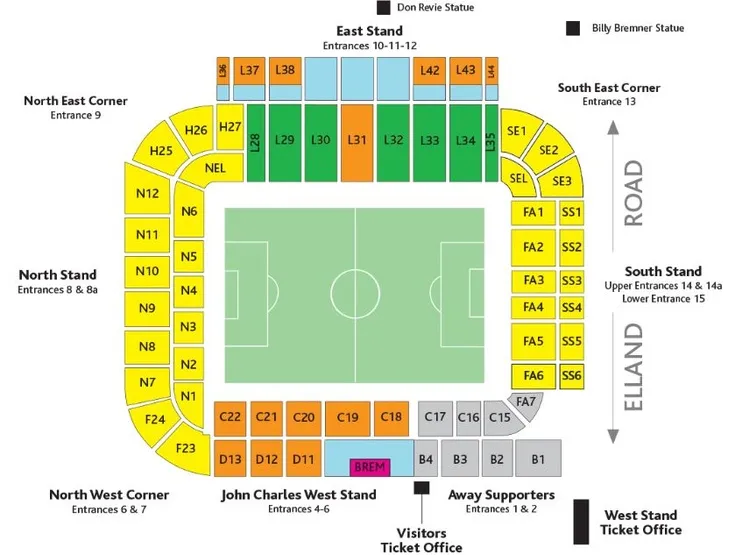 Sơ đồ chỗ ngồi chi tiết của sân vận động Elland Road, sân nhà Leeds United