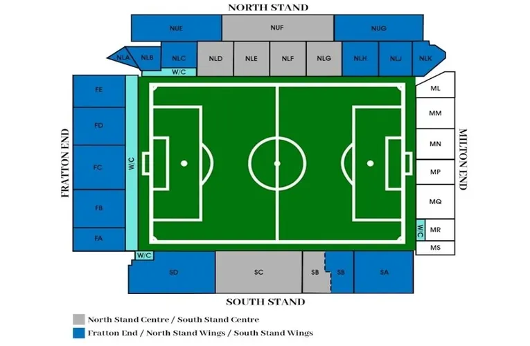 Sơ đồ chỗ ngồi chi tiết của sân vận động Fratton Park, hướng dẫn các khu vực khán đài