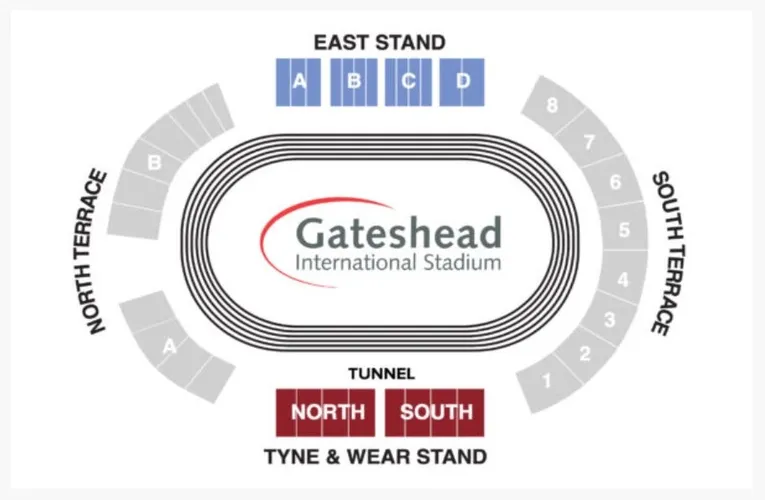 Sơ đồ chỗ ngồi chi tiết của sân vận động Gateshead International, hiển thị các khu vực khán đài chính