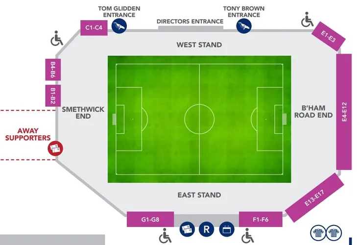 Sơ đồ chỗ ngồi chi tiết của sân vận động The Hawthorns, giúp người hâm mộ dễ dàng định vị các khán đài và khu vực tại sân nhà của West Bromwich Albion.
