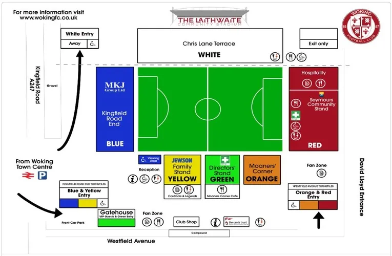 Sơ đồ chỗ ngồi chi tiết tại Laithwaite Community Stadium, hướng dẫn vị trí các khán đài và khu vực cổ động viên tại sân nhà Woking FC.