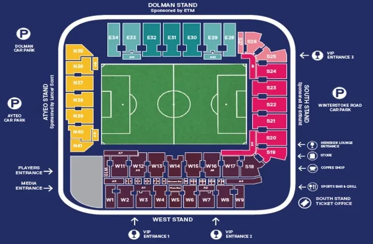 Sơ đồ chỗ ngồi Plainmoor Stadium, bố trí các khán đài và khu vực cổ động viên
