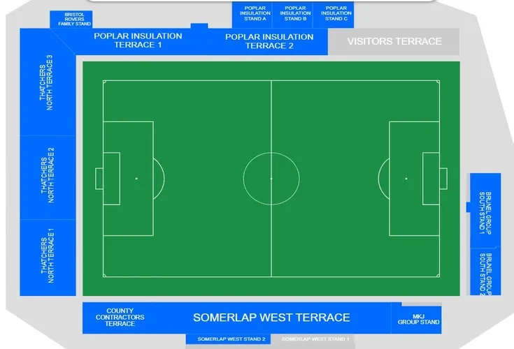 Sơ đồ chỗ ngồi sân Memorial Stadium, hướng dẫn vị trí khán đài cho người hâm mộ Bristol Rovers