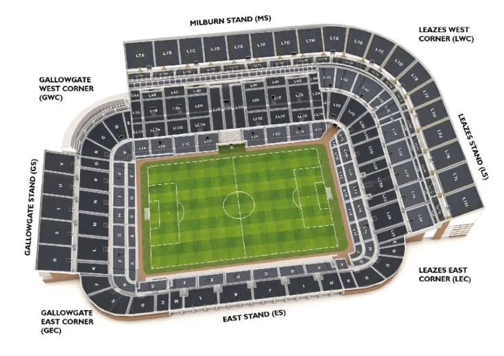 Sơ đồ chỗ ngồi sân St. James' Park, hướng dẫn chi tiết các khán đài của sân nhà Newcastle United