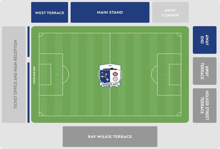 Sơ đồ tổng thể sân vận động Holker Street của câu lạc bộ Barrow AFC, thể hiện các khán đài